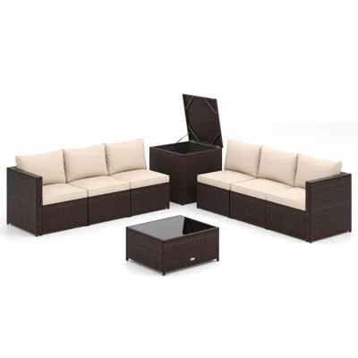 Hivvago 8 Piece Patio Furniture Set With Storage Box And Tempered Glass Coffee Table In Brown