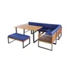 Hivvago 8 Pieces Patio Acacia Wood Dining Table Set With Ottoman Cushions In Blue