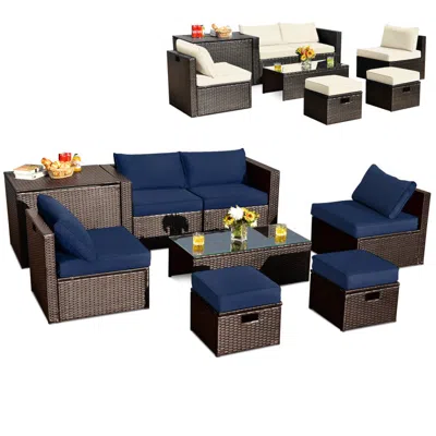 Hivvago 8 Pieces Patio Space-saving Rattan Furniture Set With Storage Box And Waterproof Cover In Blue