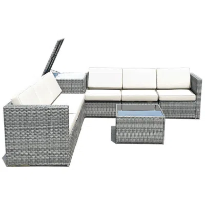 Hivvago 8 Pieces Wicker Sofa Rattan Dining Set Patio Furniture With Storage Table In Gray