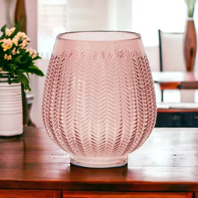 Hivvago 8" Pink Glass Textured Leaf Pattern Round Table Vase