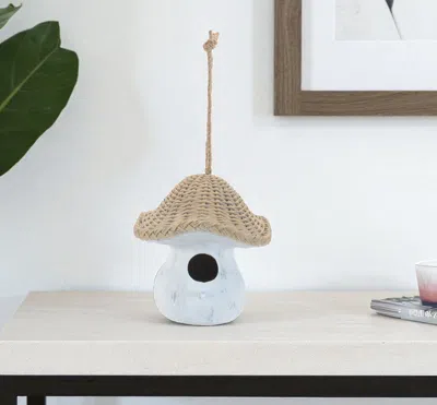 HIVVAGO 8" WHITE AND BEIGE POLYRESIN MUSHROOM DECORATIVE BIRD HOUSE