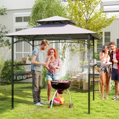 Hivvago 8 X 5 Ft Outdoor Grill Gazebo With 2 Side Shelves And 20 Hooks-gray