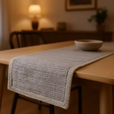 Hivvago 80" Light Gray And Natural Solid With Border Cotton Table Runner In Brown