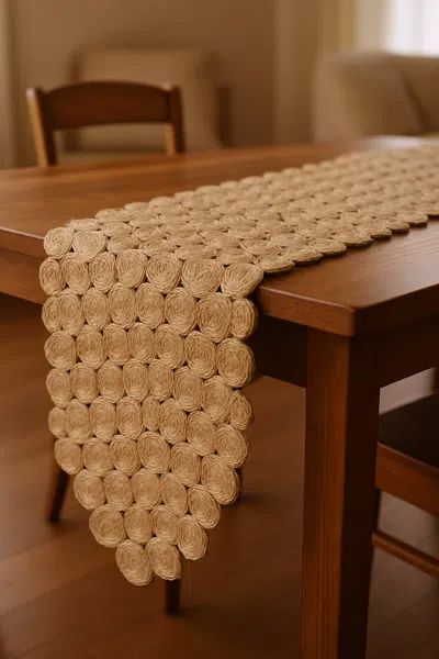Hivvago 80" Natural Geometric Circles Scalloped Shape Jute Table Runner In Brown