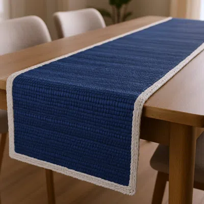 Hivvago 80" Navy Blue And Natural Solid With Border Cotton Table Runner