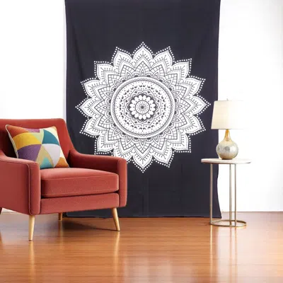 Hivvago 80" X 56" Black And White Mandala Cotton Hanging Tapestry In Blue