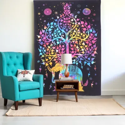 Hivvago 80" X 56" Black Pink And Yellow Elephant Mandala Cotton Hanging Tapestry In Multi