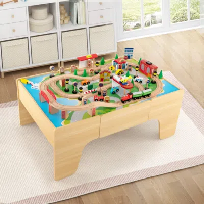 Hivvago 84-piece Wooden Train Set With Reversible And Detachable Tabletop