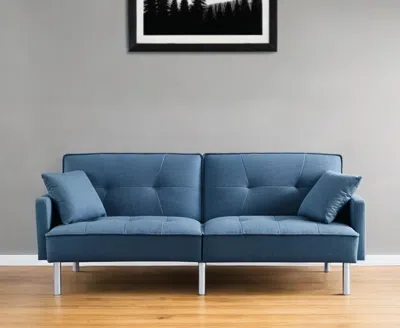 Hivvago 85" Blue Polyester Blend Convertible Futon Sleeper Sofa And Toss Pillows With Silver Legs