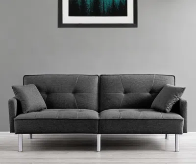 Hivvago 85" Dark Gray Polyester Blend Convertible Futon Sleeper Sofa And Toss Pillows With Silver Legs
