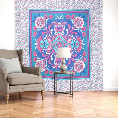 Hivvago 88" X 84" Blue Red And White Floral Cotton Hanging Tapestry In Black