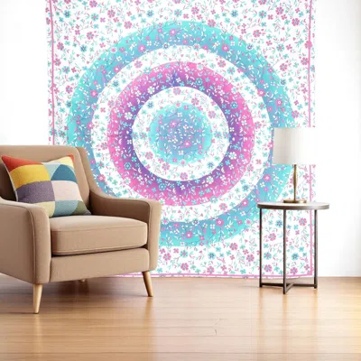 Hivvago 88" X 84" Pink Blue And White Floral Cotton Hanging Tapestry In Multi