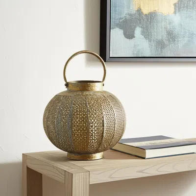 Hivvago 9" Bronze And Green Distressed Lattice Metal Tabletop Lantern Candle Holder In Gold