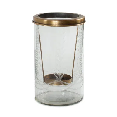 Hivvago 9" Clear And Gold Botanical Leaf Glass And Metal Tabletop Hurricane Candle Holder In Transparent