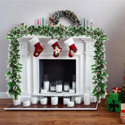 Hivvago 9 Feet Pre-lit Snow Flocked Tips Christmas Garland With Red Berries