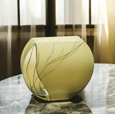 Hivvago 9" Green Round Crystal Glass Table Vase With Sculptural Details In Neutral