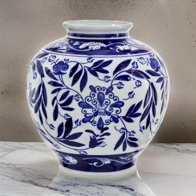 Hivvago 9 Inch Porcelain Vase, Blue Persian Print, Curved Shape, Flared Opening