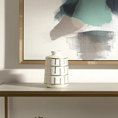Hivvago 9" Ivory And Gold Geometric Round Ceramic Table Vase In White
