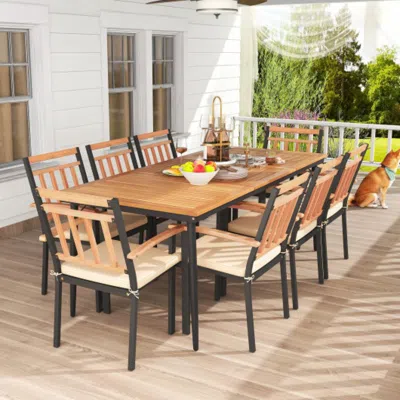 Hivvago 9-piece Patio Dining Set With 8 Wooden Armchairs In Brown