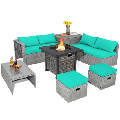 Hivvago 9 Pieces Outdoor Patio Furniture Set With 32-inch Propane Fire Pit Table In Blue