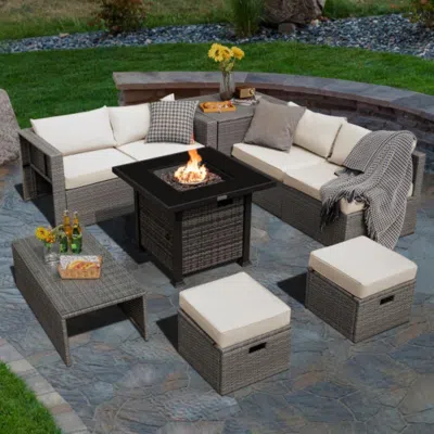 Hivvago 9 Pieces Outdoor Patio Furniture Set With 32-inch Propane Fire Pit Table-off White