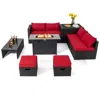 Hivvago 9 Pieces Outdoor Pe Rattan Wicker Sectional Sofa With 42 Inch 60 000 Btu Gas Fire Pit Table In Red