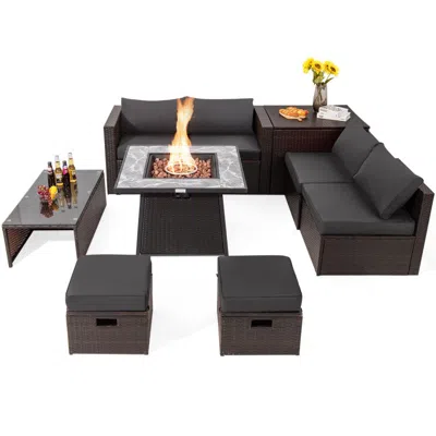 Hivvago 9 Pieces Patio Pe Wicker Sectional Set With 50000 Btu Fire Pit Table In Black