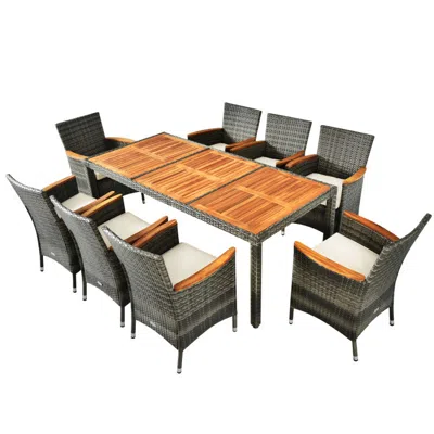 Hivvago 9 Pieces Rattan Patio Dining Set With Acacia Wood Table And Cushioned Chair In Gray