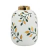 Hivvago 9" White Green And Gold Leaf Round Ceramic Table Vase In White