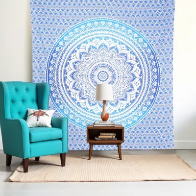Hivvago 92" X 84" Blue And White Mandala Cotton Hanging Tapestry