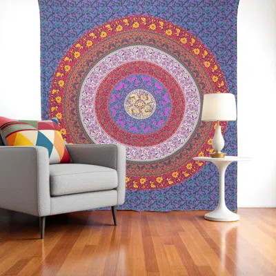 Hivvago 92" X 84" Blue Red And Yellow Mandala Cotton Hanging Tapestry In Multi