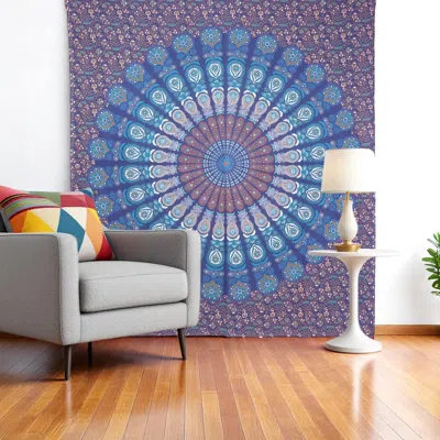 Hivvago 92" X 84" Navy Blue Ivory And Brown Mandala Cotton Hanging Tapestry In Purple