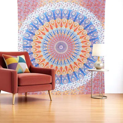 Hivvago 92" X 84" Orange Blue And Yellow Mandala Cotton Hanging Tapestry In Multi