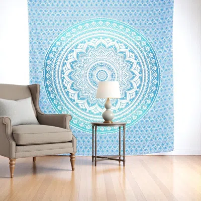 Hivvago 92" X 84" Sea Green And White Mandala Cotton Hanging Tapestry In Blue