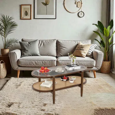 Hivvago Acacia Wood Coffee Table With Clear Glass Top And Lower Storage Shelf In Brown