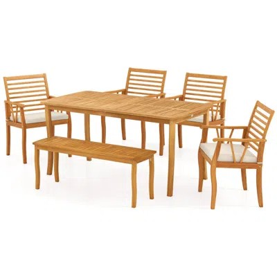 Hivvago Acaciaâ Woodâ Outdoorâ Tableâ Andâ Benchâ Chairsâ Set Withâ 1.97 Inch Umbrella Hole In Brown