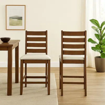 Hivvago Accai Counter Height Chair Set Of 2, Beige Polyester, Brown Rubberwood