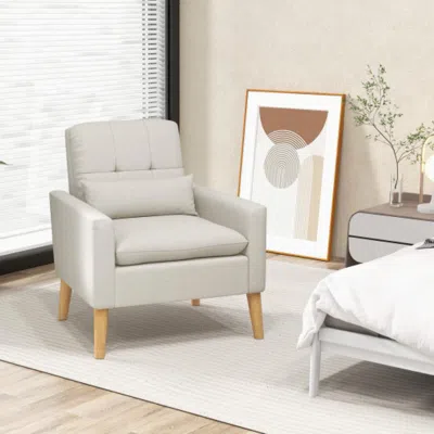 Hivvago Accent Chair With Lumbar Pillow Natural Rubber Wood Legs Padded Cushions-beige