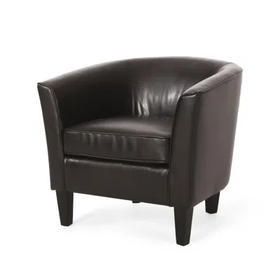 Hivvago Accent Club Chair, Curved Round Back, Birch Wood, Rich Brown Faux Leather In Black