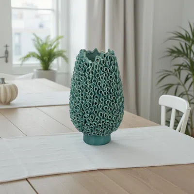 Hivvago Accent Flower Vase, 3d Coral Textured Teal Green Ceramic 16 Inch