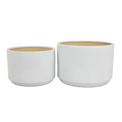 Hivvago Accent Planter Set Of 2, Wide Base, Modern Minimalist White Ceramic