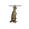 Hivvago Accent Table, Gold Cast Metal Leopard Design, 18 Inch Glass Round Top In Animal Print