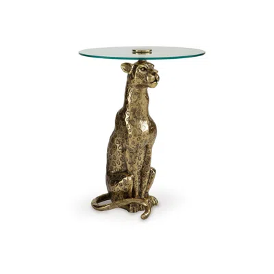 Hivvago Accent Table, Gold Cast Metal Leopard Design, 18 Inch Glass Round Top In Animal Print