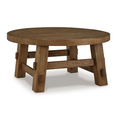Hivvago Ack Round Cocktail Coffee Table, Block Legs, 40 Inch Brown Pine Wood