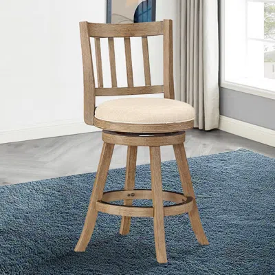 Hivvago Adam 24 Inch Solid Wood Swivel Counter Stool, Slatted Back, Ivory