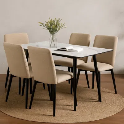 Hivvago Aikya 60 Inch Dining Table, White Sintered Stone, Tapered Metal Legs