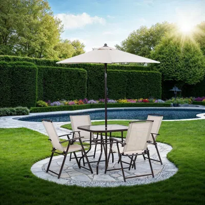 Hivvago Ainy 6pc Patio Dining Table Set, 4 Folding Chairs And Umbrella, Beige In Neutral
