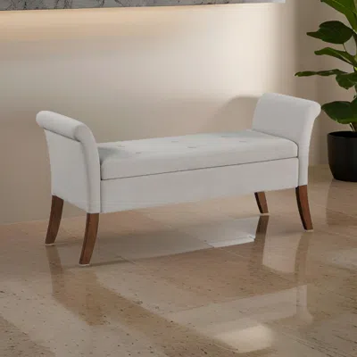 Hivvago Ako 52 Inch Storage Bench, Button Tufting, Flared Arms, Beige Upholstery In White