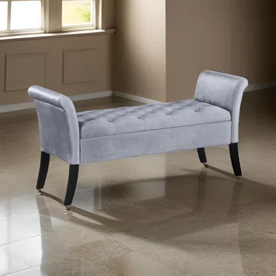Hivvago Ako 52 Inch Storage Bench, Button Tufting, Flared Arms, Gray Upholstery